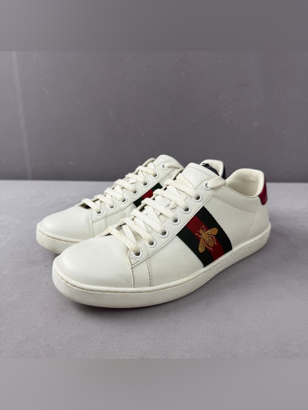 Gucci White Leather Sneakers with Red and Green Stripe and Bee Embroidery